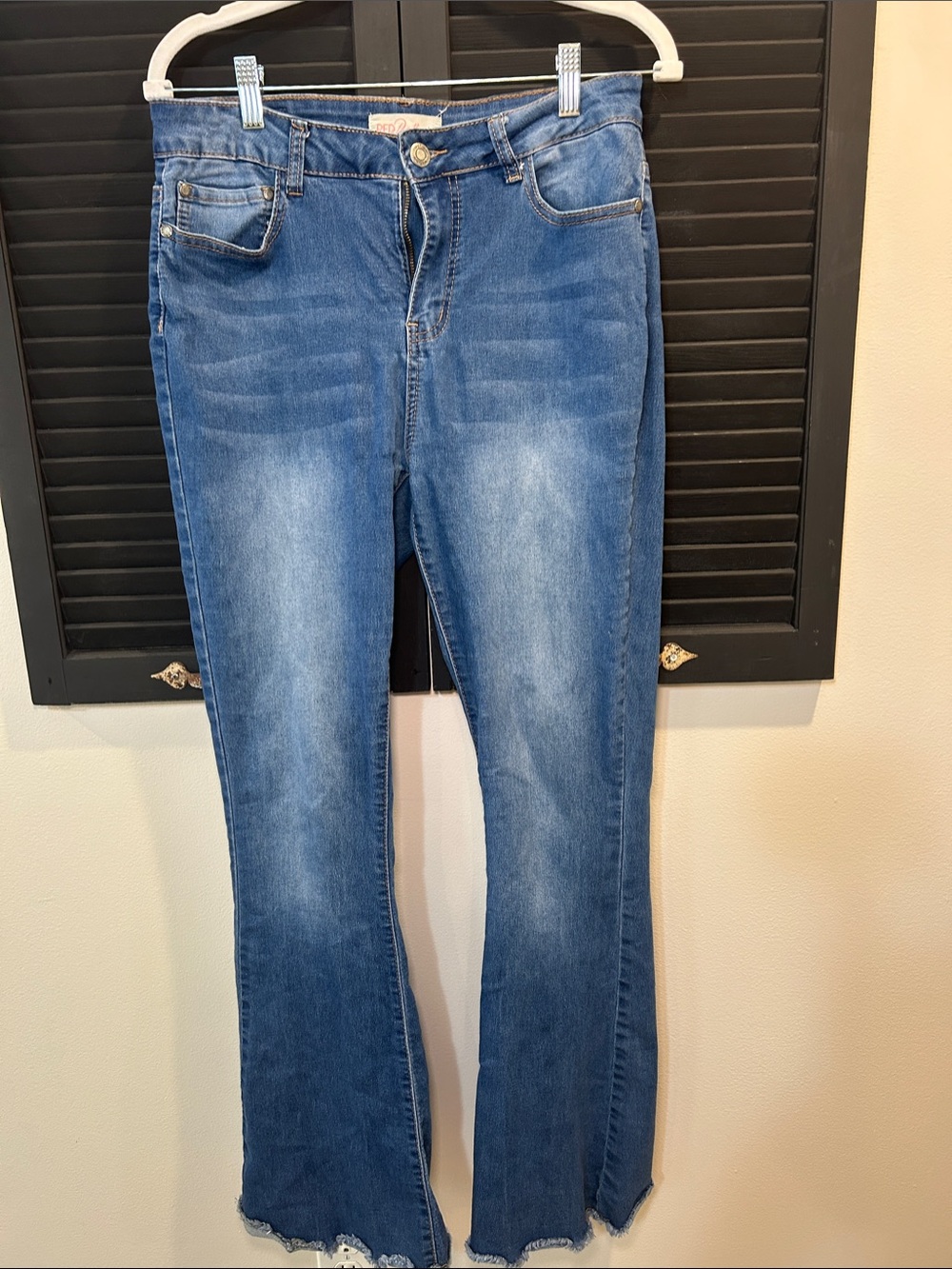 Red bottoms Medium Blue Faded Flare Jeans with Raw Hem